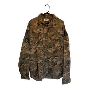 Express Men’s Large Camouflage Military Patch Button-Up Shirt Long Sleeve Camo